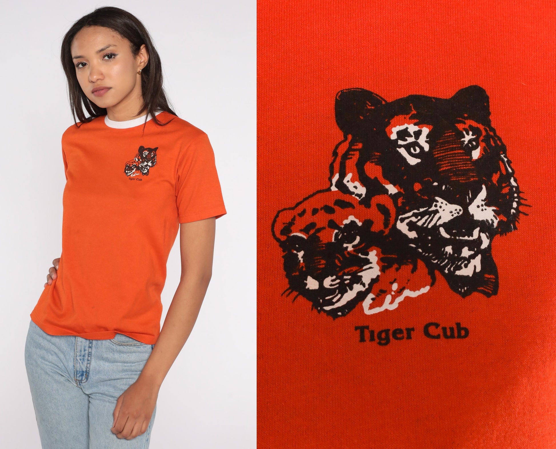 80s Tiger Cub Scout Ringer Tee Orange Graphic T-Shirt Small S