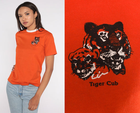 80s Tiger Cub Scout Ringer Tee Orange Graphic T-Shirt Small S