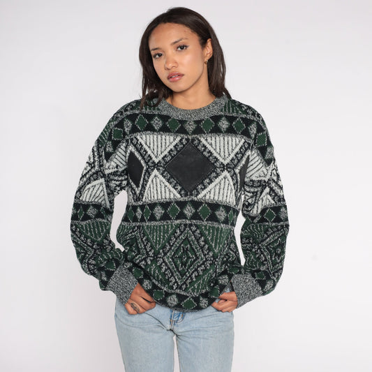 90s Geometric Leather Patch Crewneck Sweater Green Large L