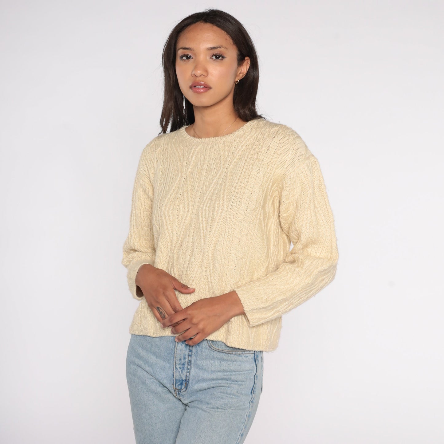 00s LL Bean Cream Wool Cable Knit Crewneck Sweater Extra Small XS