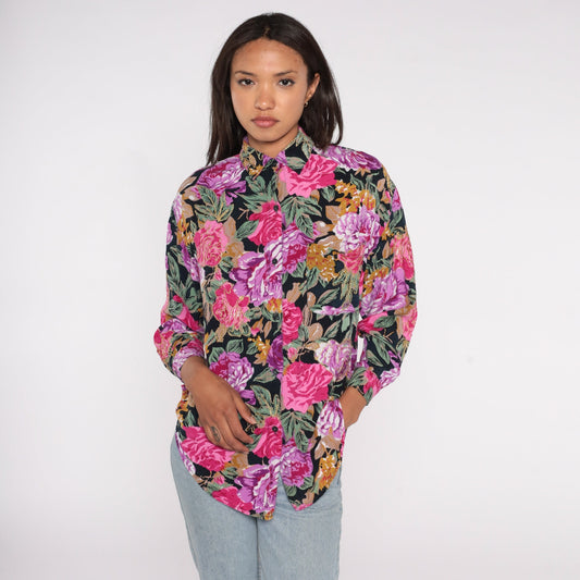 90s Floral Button Up Blouse Metallic Gold Pink Purple Rayon Small