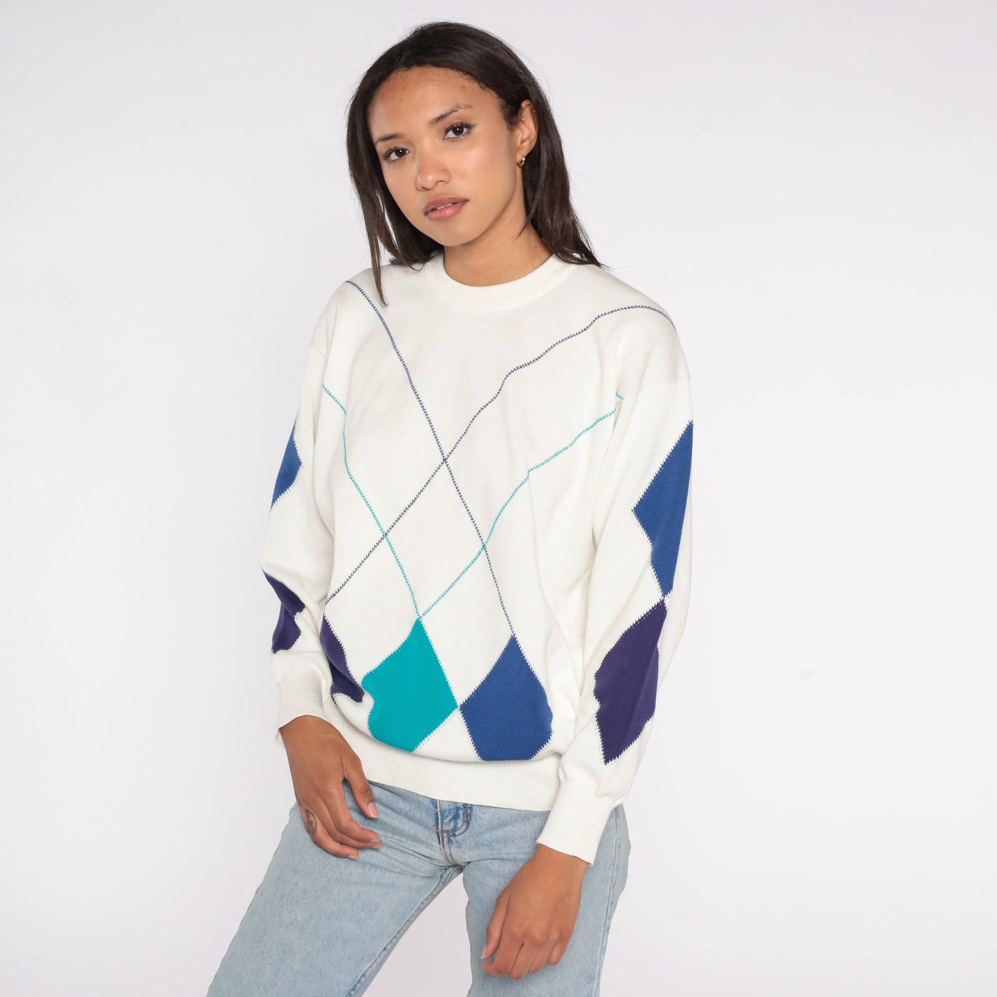 90s Geometric Diamond Jacquard Sweater White Blue Pullover Extra Large XXL