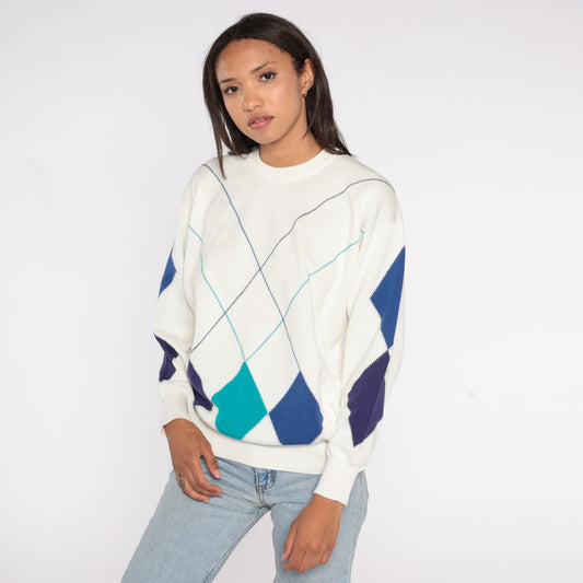 90s Geometric Diamond Jacquard Sweater White Blue Pullover Extra Large XXL