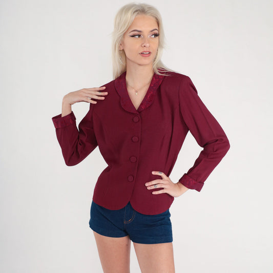 80s Dark Red Blazer Floral Embossed Button-Up Jacket Large 12