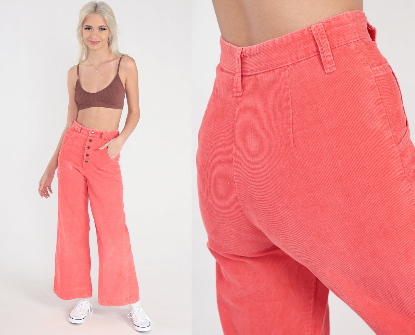 70s Coral Corduroy Bell Bottom Trousers High Waist Wide Leg Extra Small