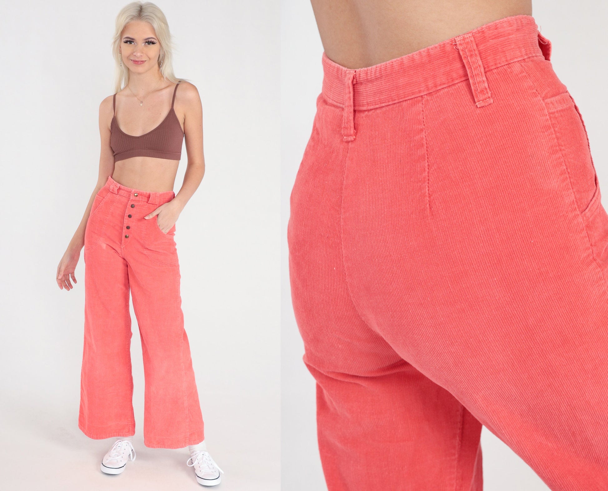 70s Coral Corduroy Bell Bottom Trousers High Waist Wide Leg Extra Small