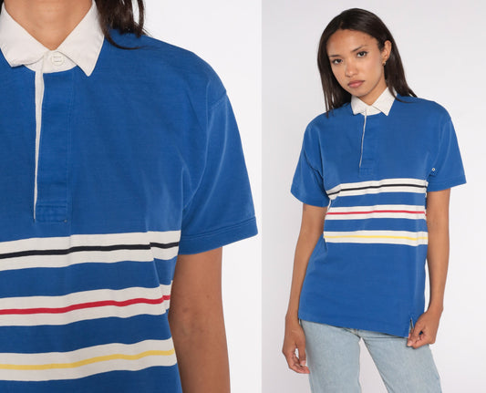80s Blue Striped Polo Shirt Cotton Half-Button Collared Small