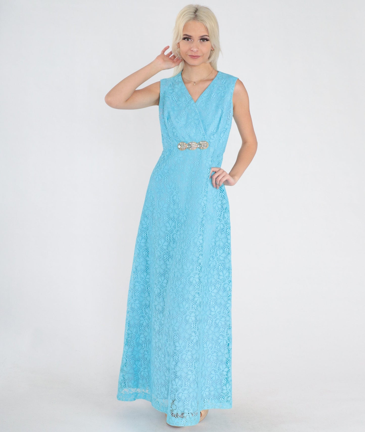 70s Blue Floral Lace Maxi Dress Rhinestone Empire Waist V Neck Small