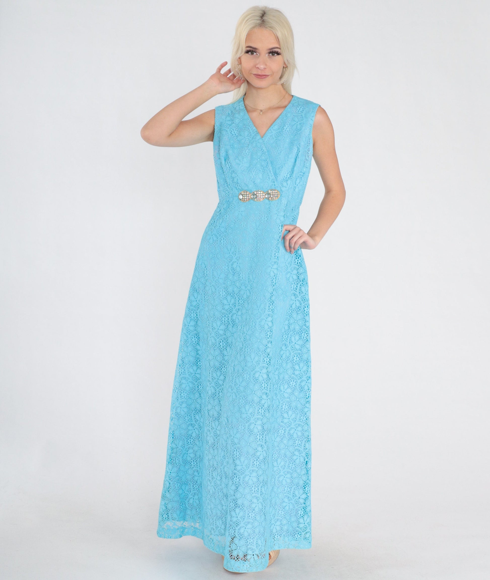 70s Blue Floral Lace Maxi Dress Rhinestone Empire Waist V Neck Small