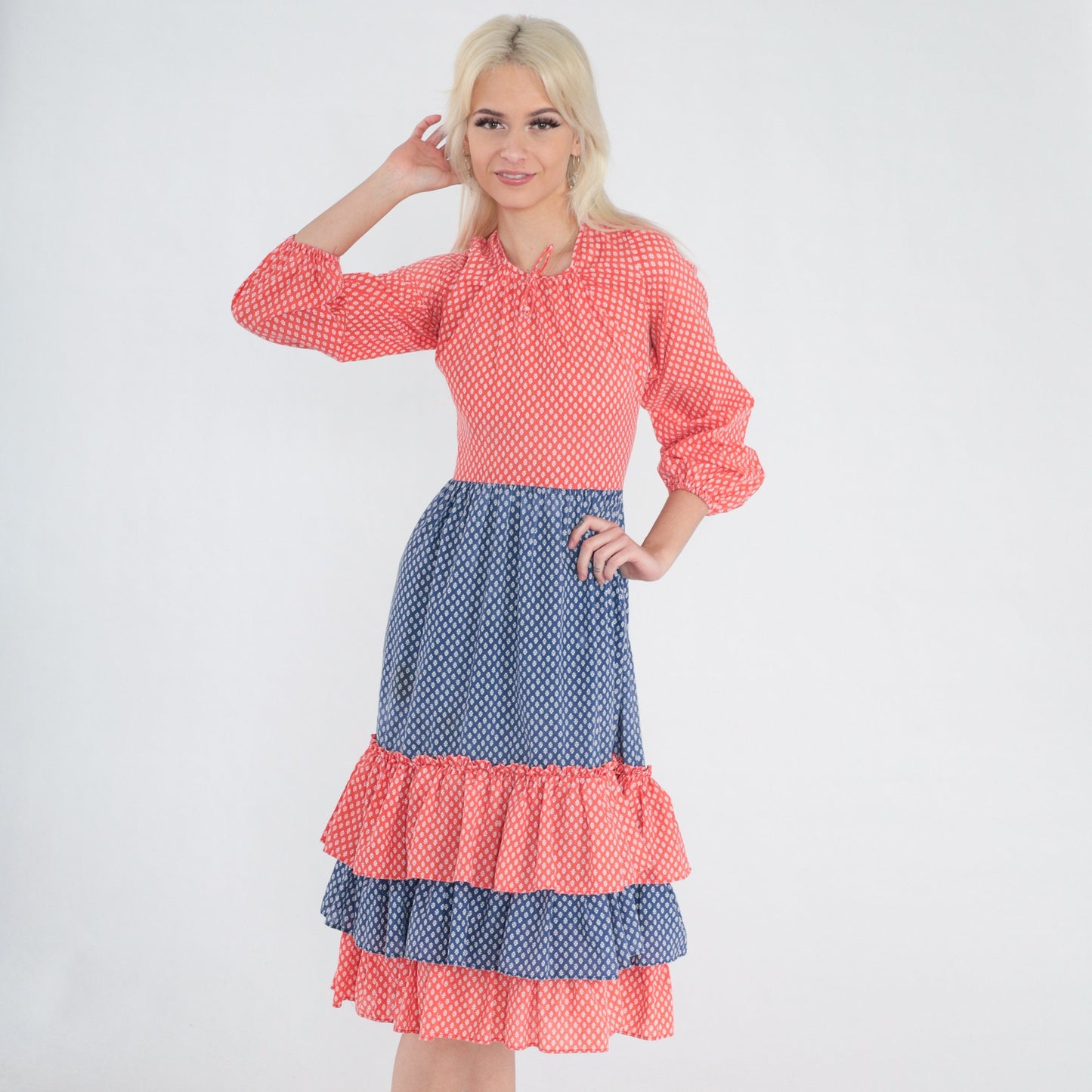 70s Calico Floral Midi Dress Red Blue Tiered 3/4 Sleeve XXS