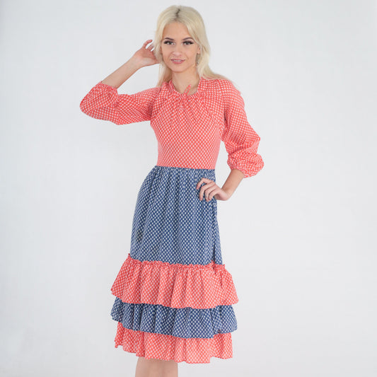 70s Calico Floral Midi Dress Red Blue Tiered 3/4 Sleeve XXS