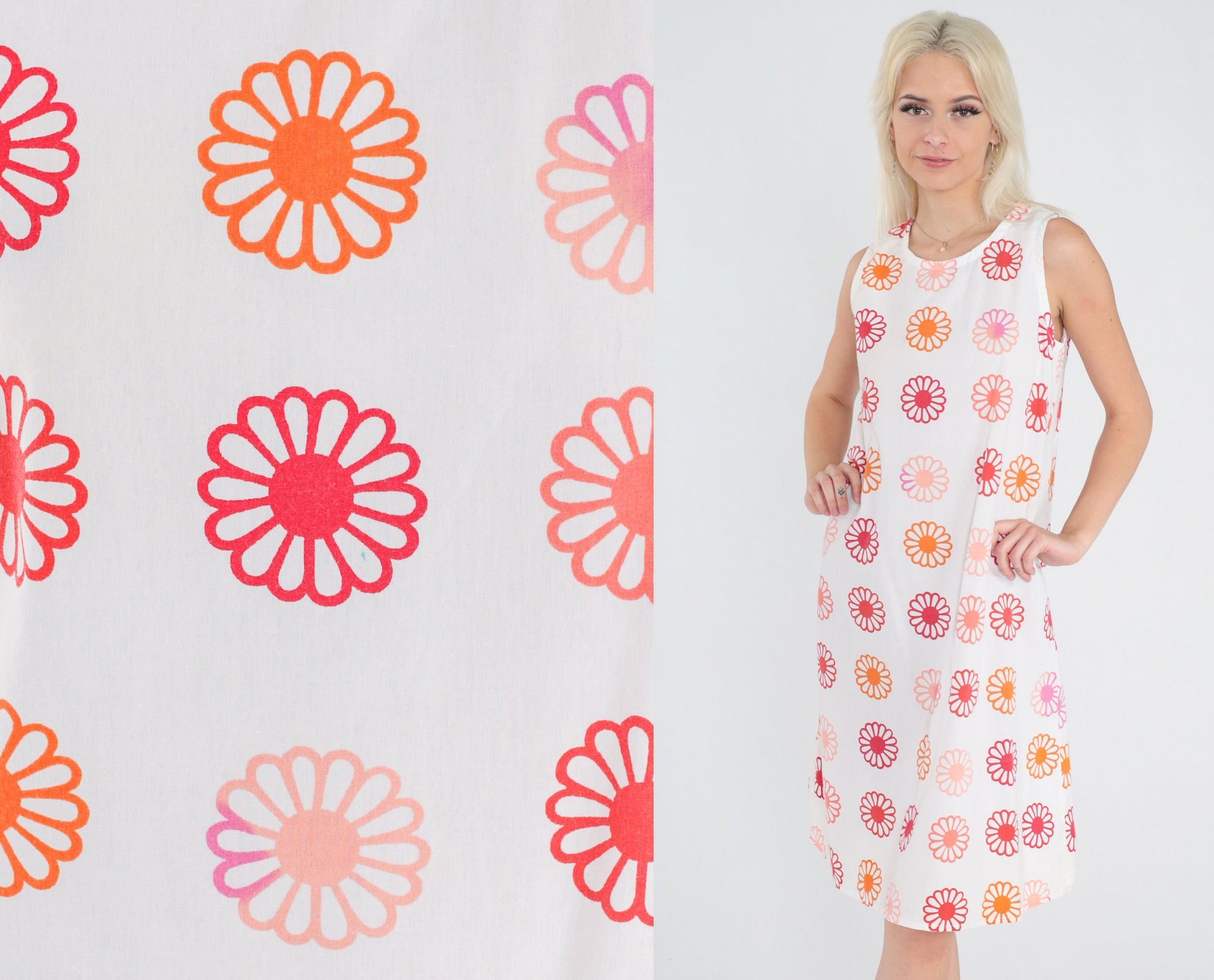 80s White Daisy Floral Shift Dress Sleeveless Knee-Length Small