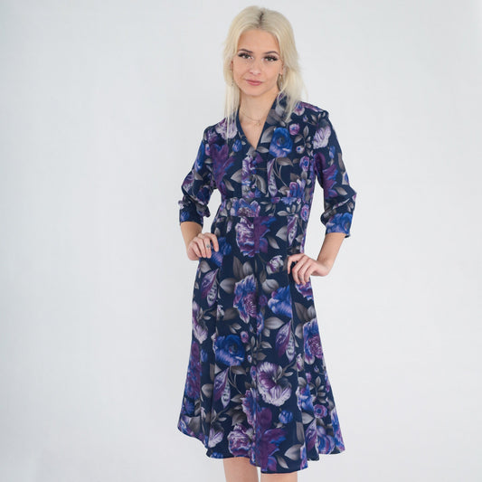 70s Purple Rose Floral Midi Dress Empire Waist V-Neck Button Front Small