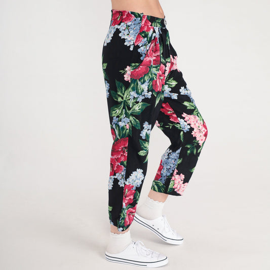 90s Floral Rayon Pants High Waist Pleated Tapered Black Print Small