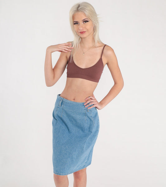 90s High Waisted Denim Pencil Skirt Blue Knee Length Cotton Medium