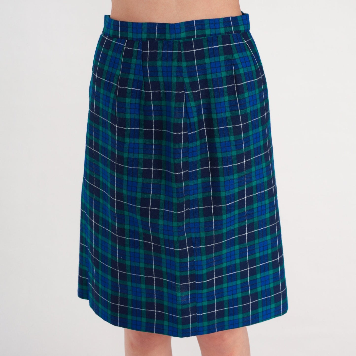 60s Navy Green Plaid Wool Skirt High Waisted Knee Length Small