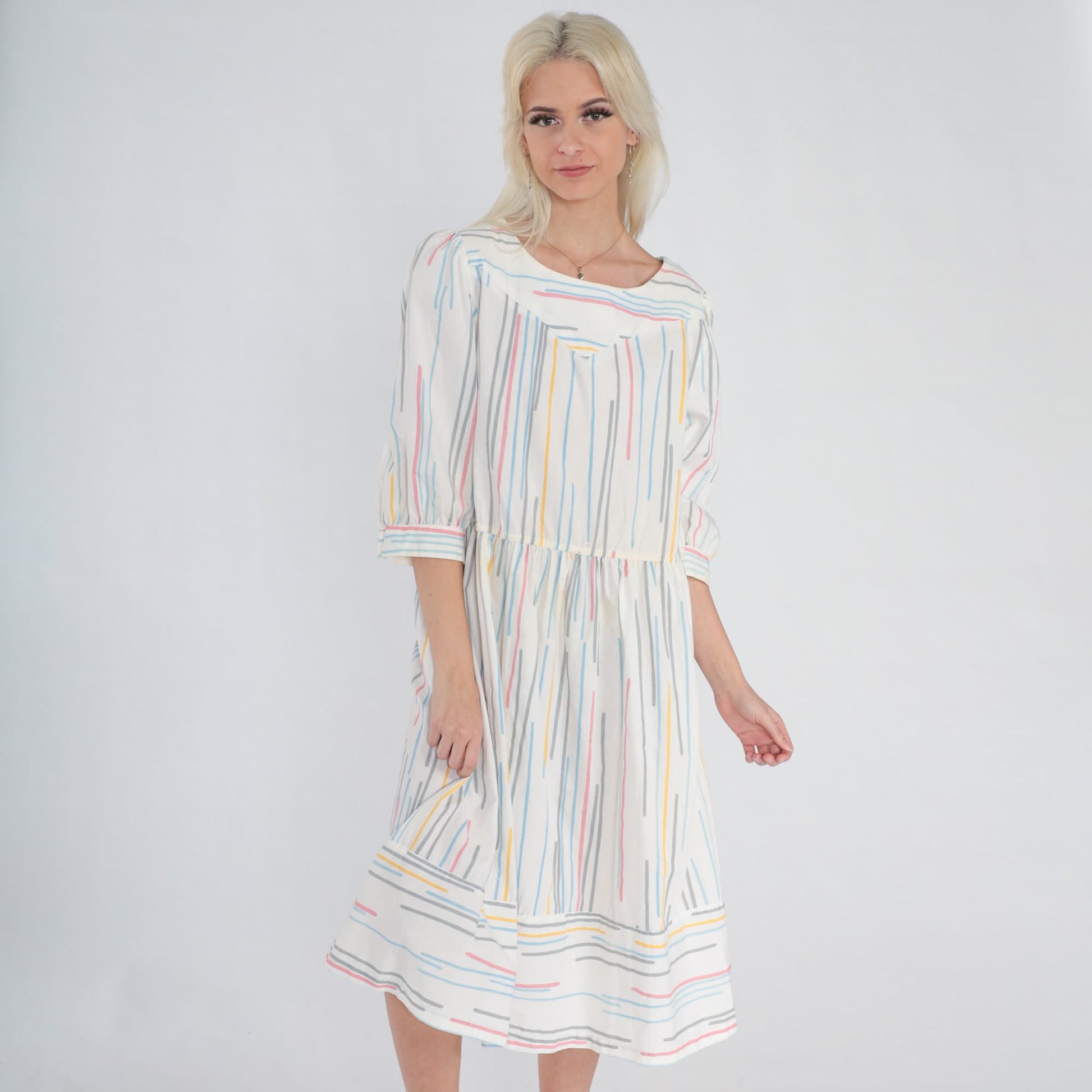 80s Striped Midi Dress Puff Sleeve White Multicolor High Waist Large L