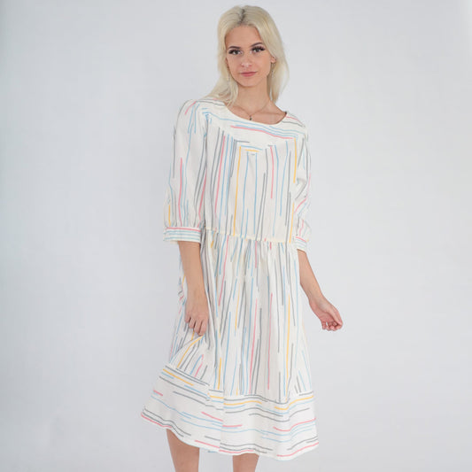 80s Striped Midi Dress Puff Sleeve White Multicolor High Waist Large L