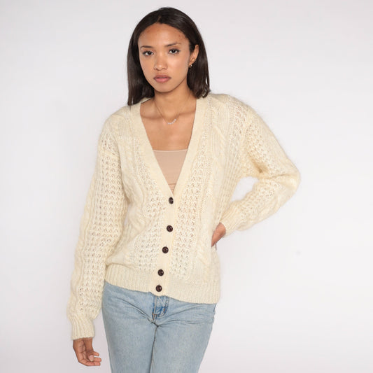 90s Karen Scott Cable Knit Cardigan Cream Wool Mohair V Neck Medium