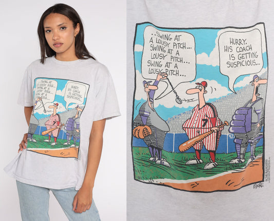 90s In The Bleachers Baseball Comic Graphic T-Shirt Grey Large