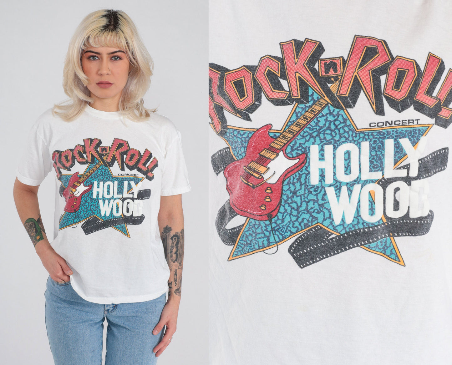 90s Rock n Roll Hollywood Graphic T-Shirt White Guitar Concert Tee Medium