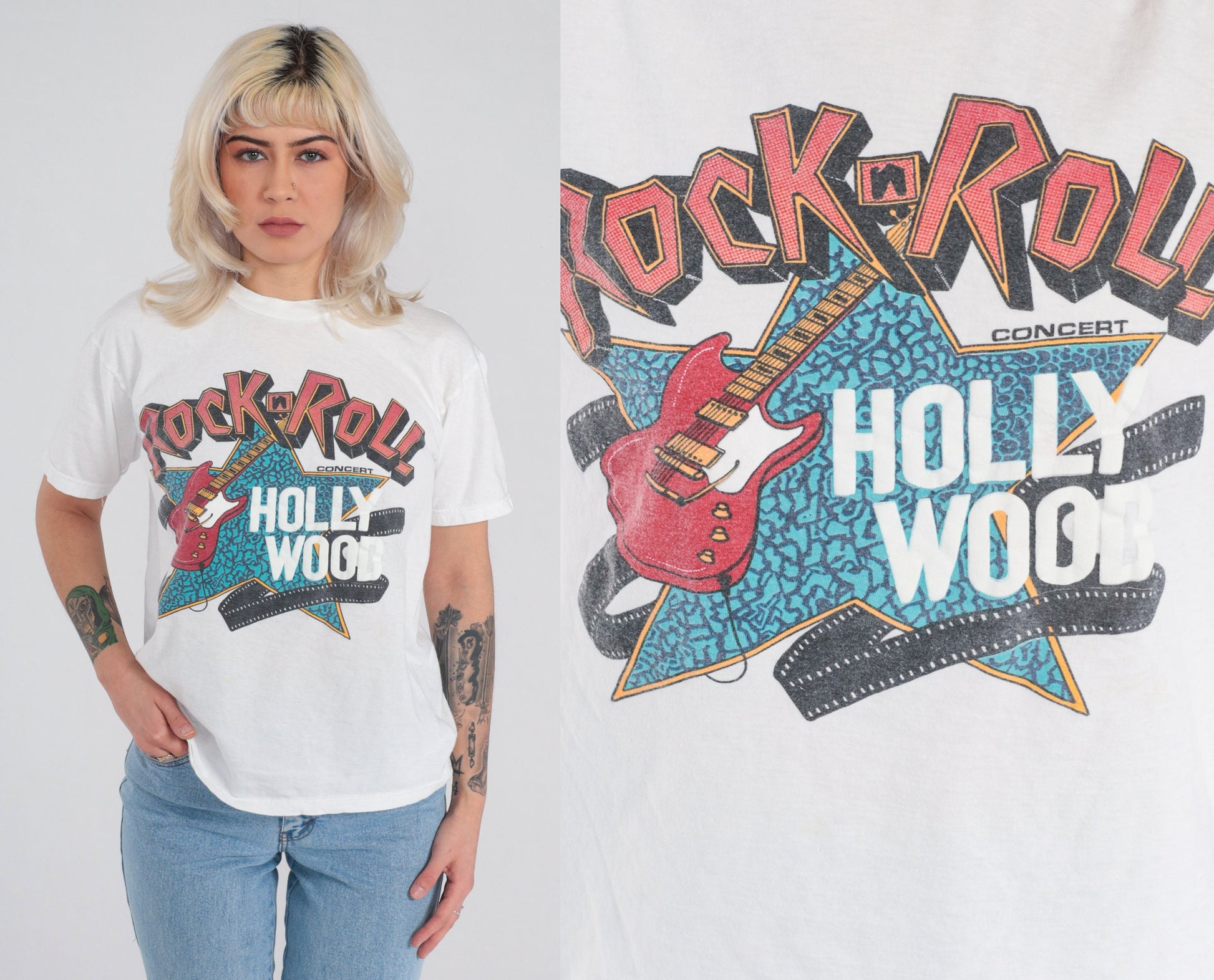 90s Rock n Roll Hollywood Graphic T-Shirt White Guitar Concert Tee Medium