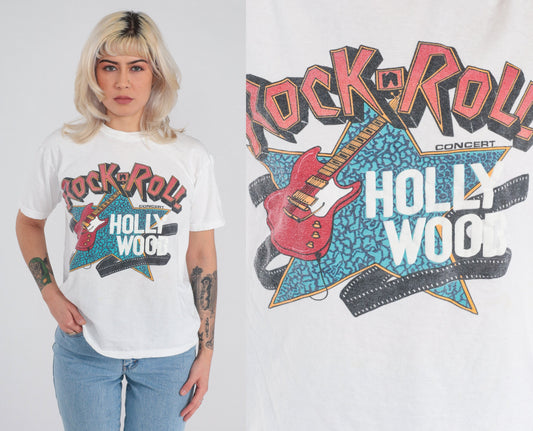 90s Rock n Roll Hollywood Graphic T-Shirt White Guitar Concert Tee Medium