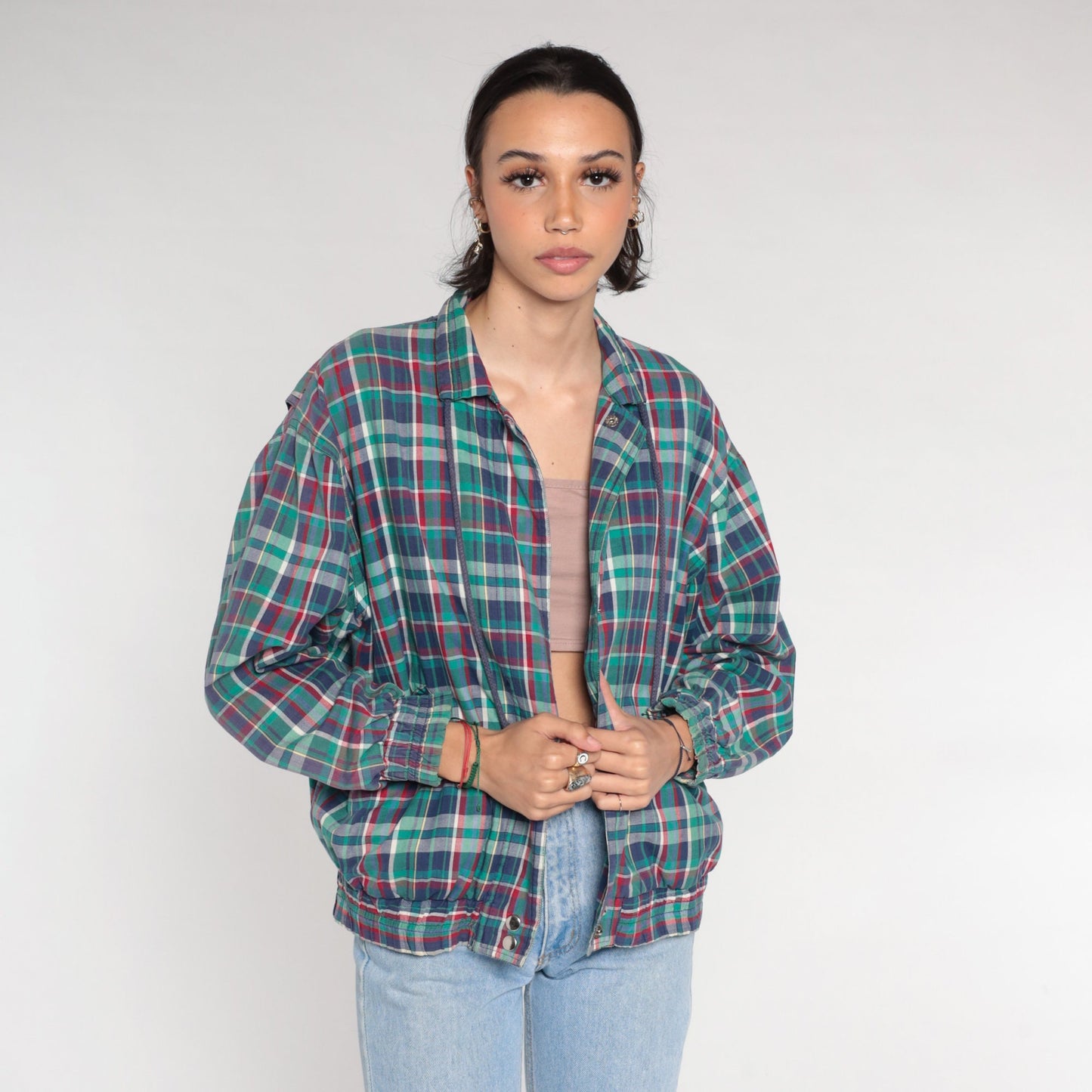 80s Plaid Windbreaker Snap Jacket Blue Red Green Small