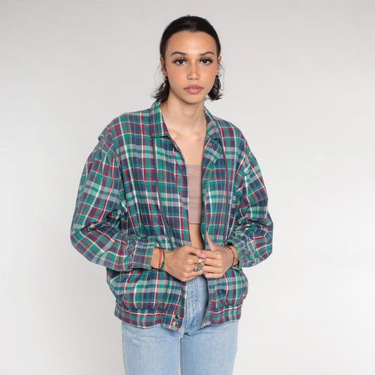 80s Plaid Windbreaker Snap Jacket Blue Red Green Small