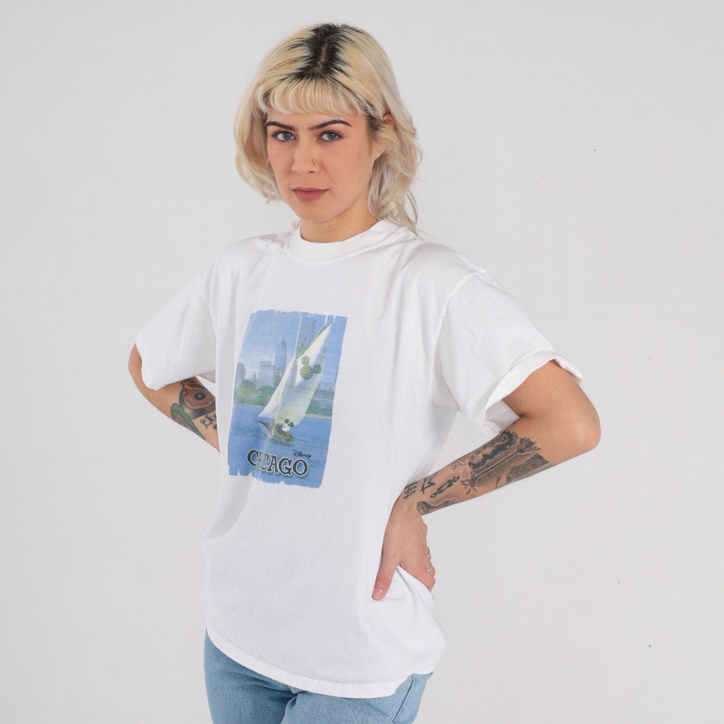 Y2K Disney Chicago Mickey Sailboat Graphic Tee White Cotton Medium M