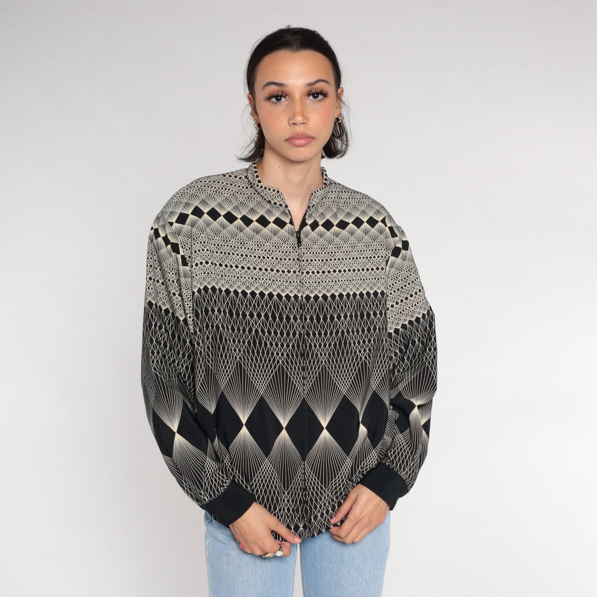 80s Op Art Bomber Jacket Black White Geometric Windbreaker Medium
