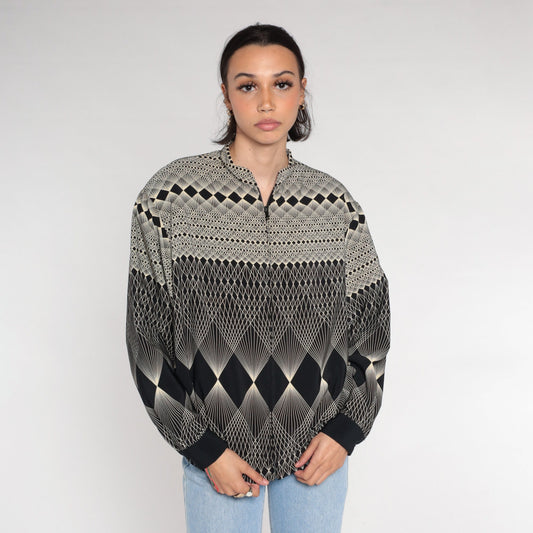 80s Op Art Bomber Jacket Black White Geometric Windbreaker Medium