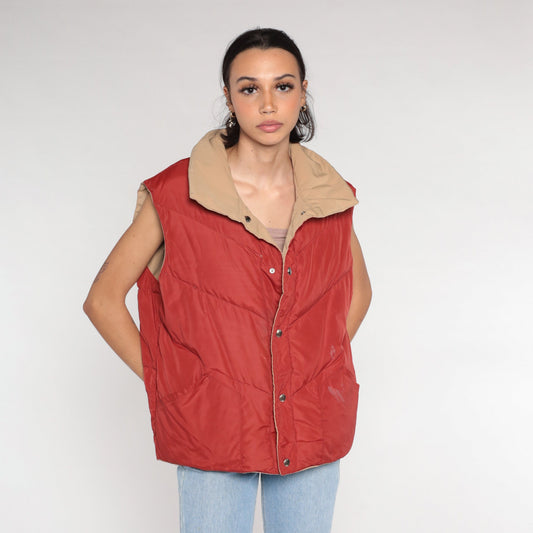 70s Reversible Puffer Vest Rust Brown Tan Down Nylon Snap Front Medium