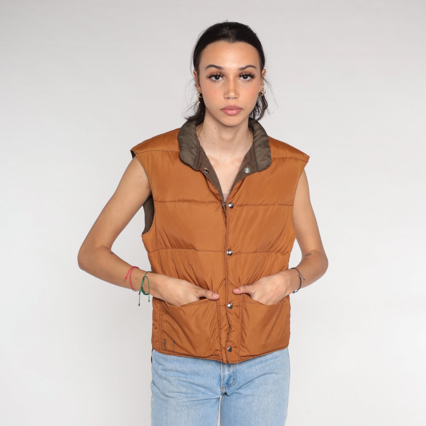 80s Reversible Puffer Vest Brown Down Fill Nylon Sleeveless Small