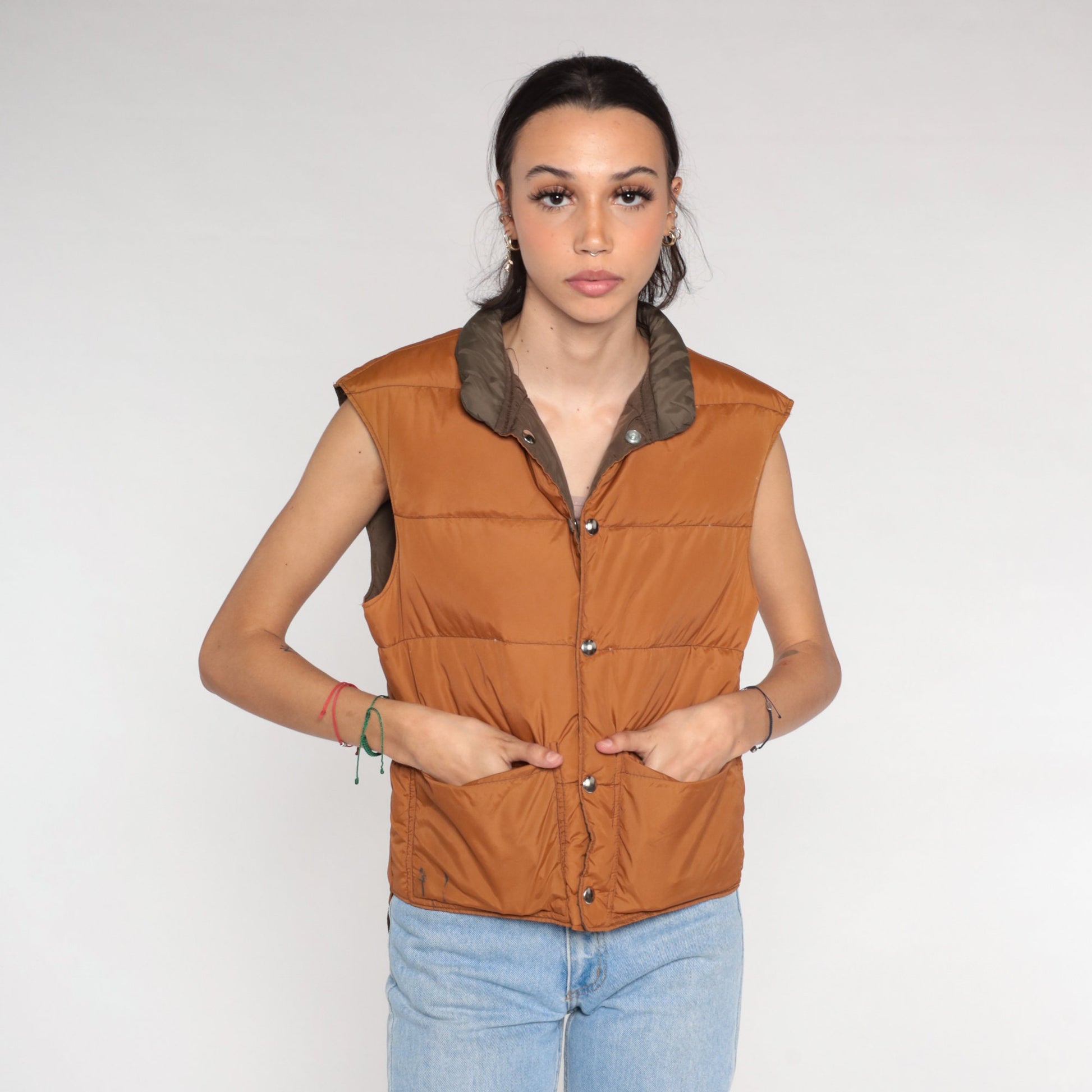 80s Reversible Puffer Vest Brown Down Fill Nylon Sleeveless Small