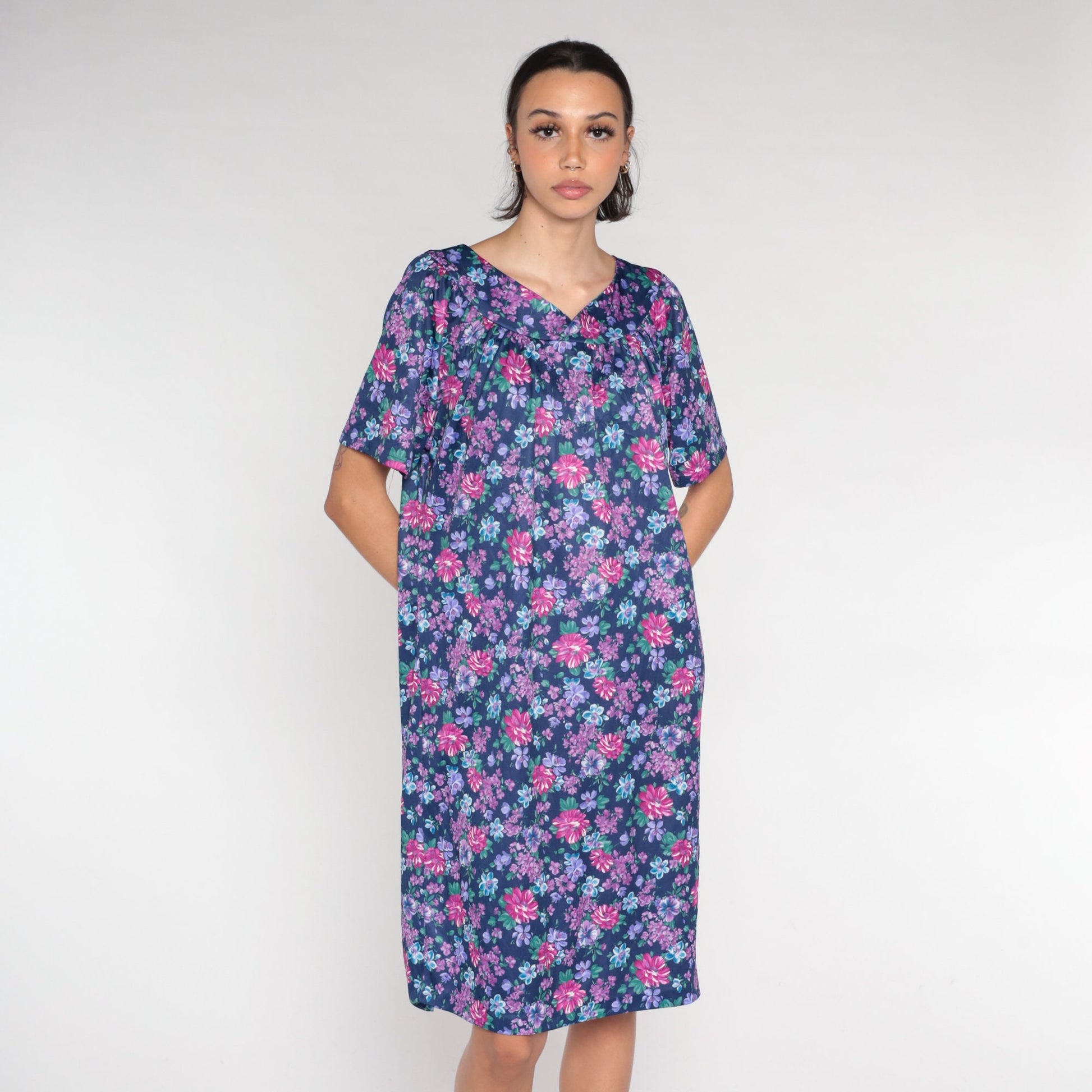 90s Purple Floral Tent Dress Mini Short Sleeve Lounge Dress XXL