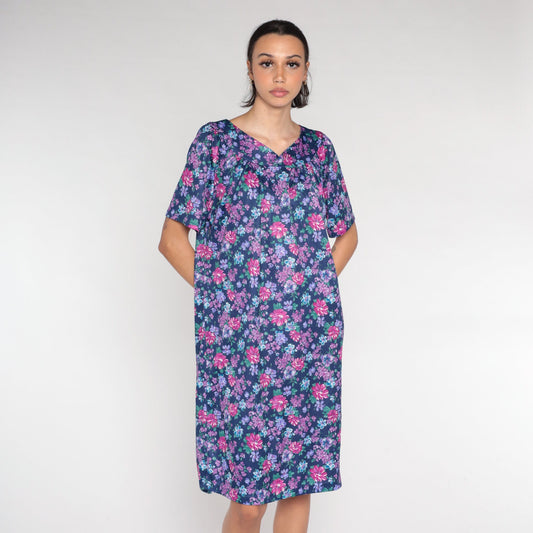 90s Purple Floral Tent Dress Mini Short Sleeve Lounge Dress XXL