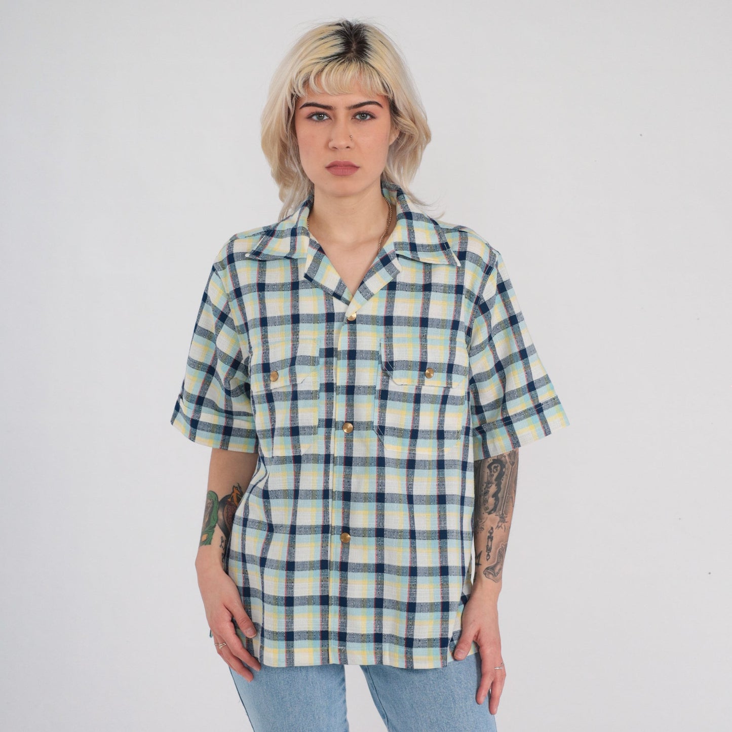 70s Checkered Button Up Shirt Gold Buttons Chest Pockets Medium