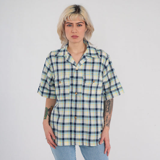70s Checkered Button Up Shirt Gold Buttons Chest Pockets Medium