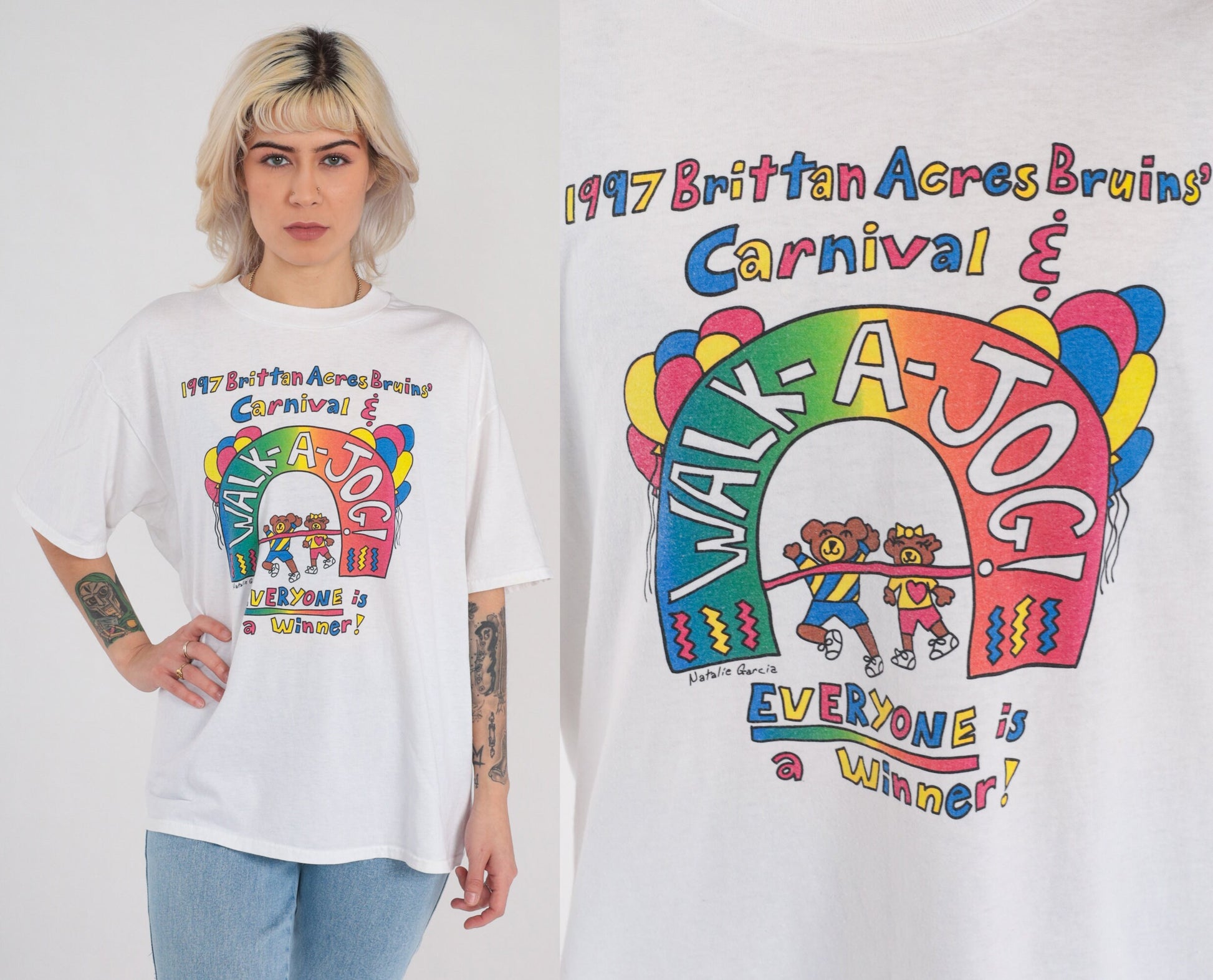 90s Brittan Acres Elementary School Walkathon Carnival Bear Graphic Tee Large
