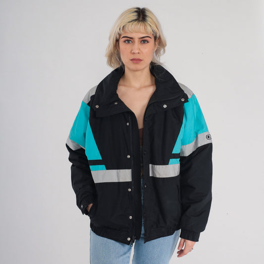 80s Thinsulate Puffer Jacket Black Blue Color Block Ski Coat Large
