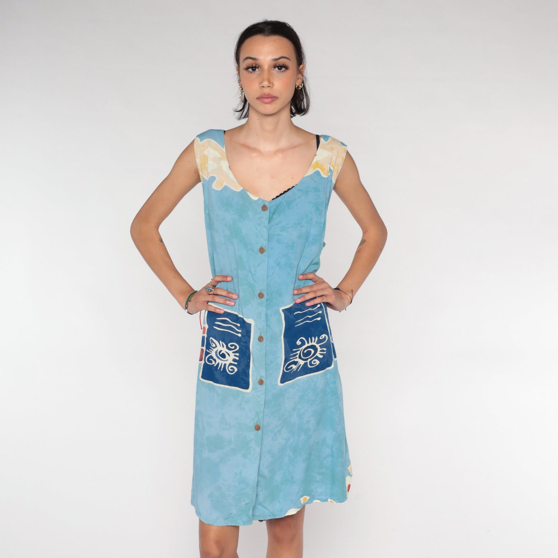00s Blue Abstract Eye Print Mini Dress Sleeveless Button Front Extra Large XXL