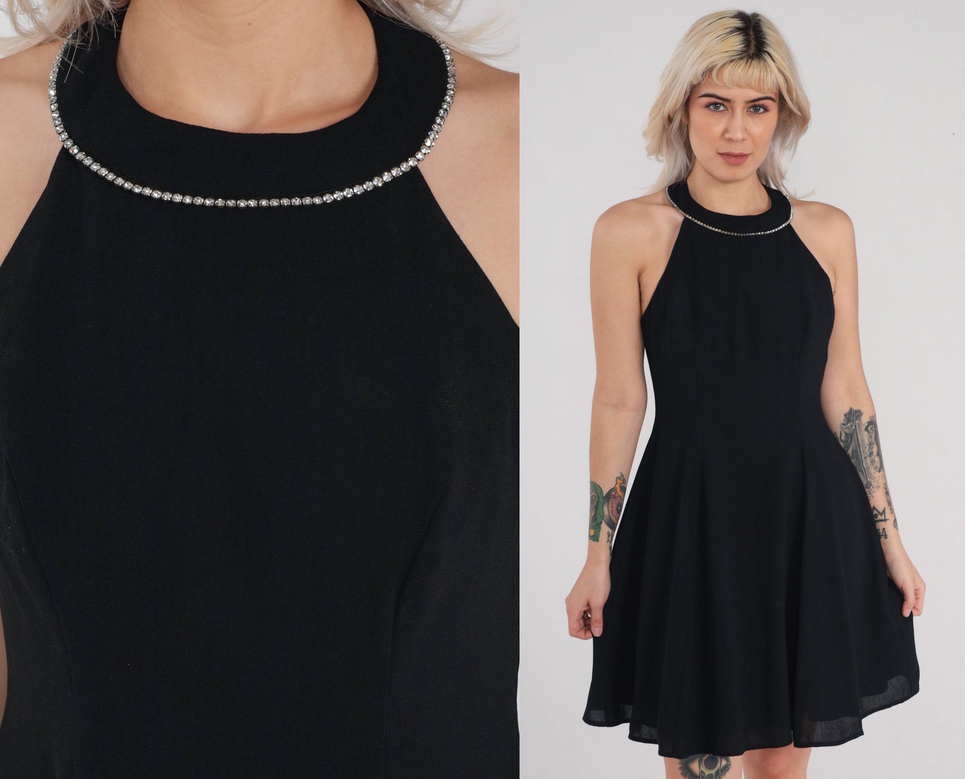 90s Black Velvet Mini Dress Rhinestone Halter Sleeveless Open Back Small