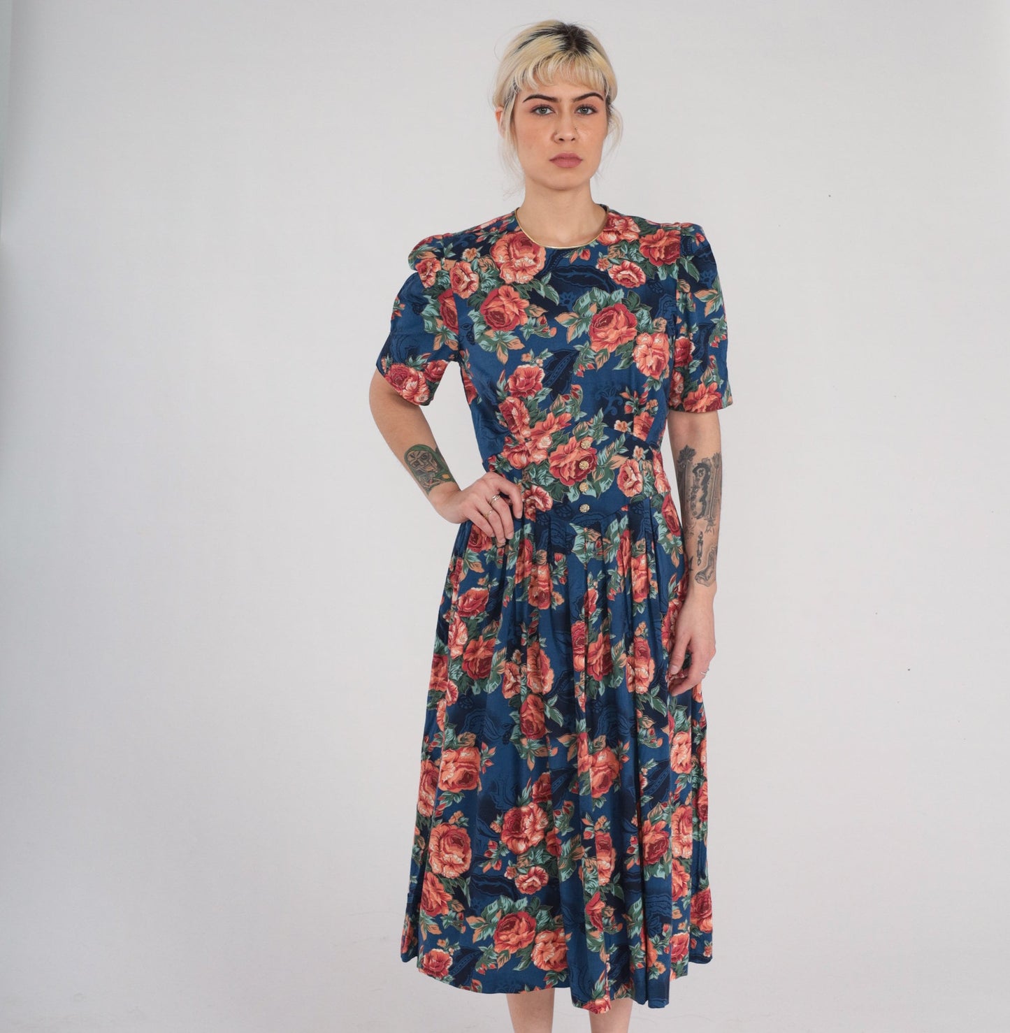 90s Navy Floral Midi Dress Puff Sleeve High Basque Waist Rose Print Medium M