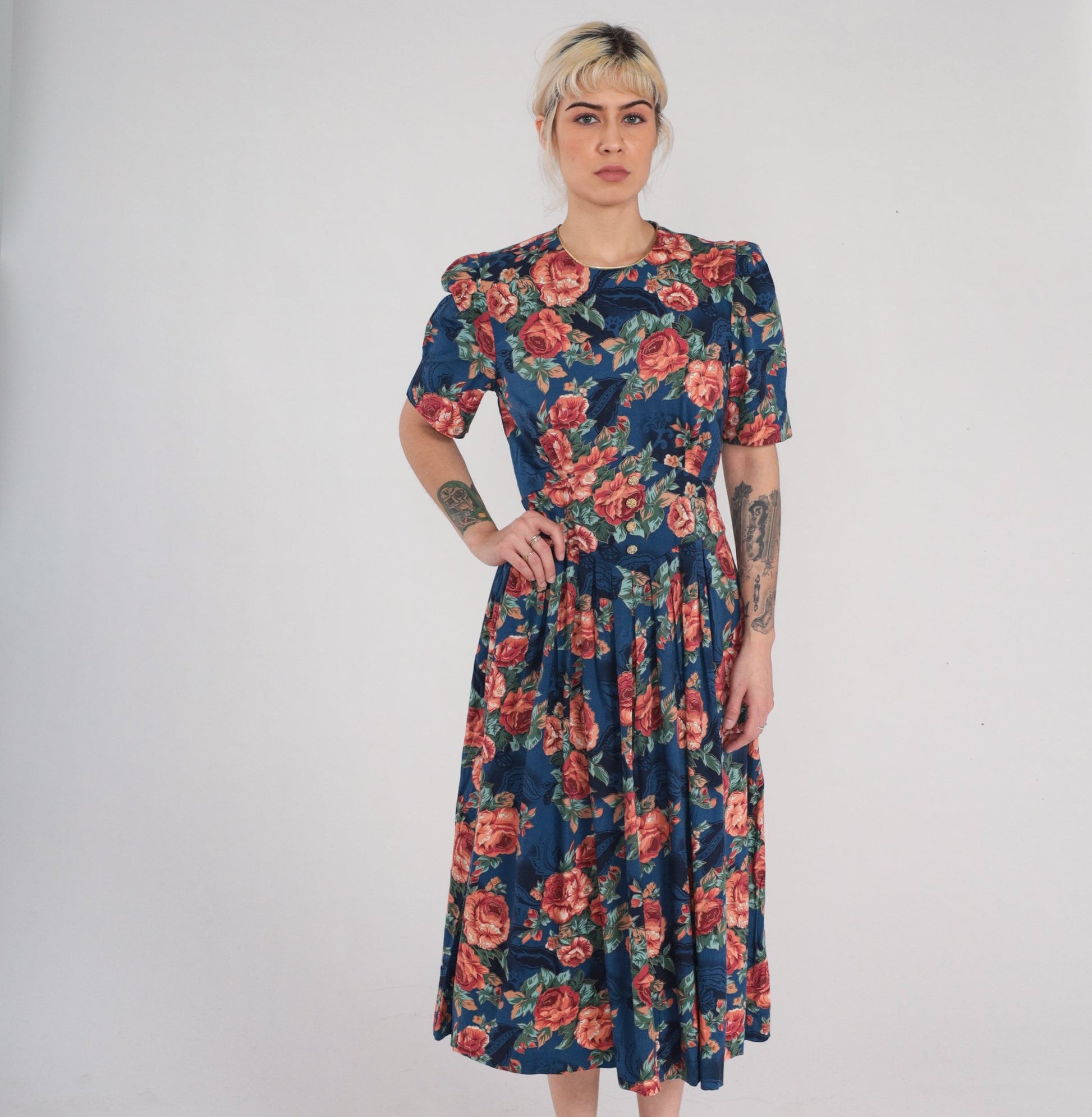 90s Navy Floral Midi Dress Puff Sleeve High Basque Waist Rose Print Medium M