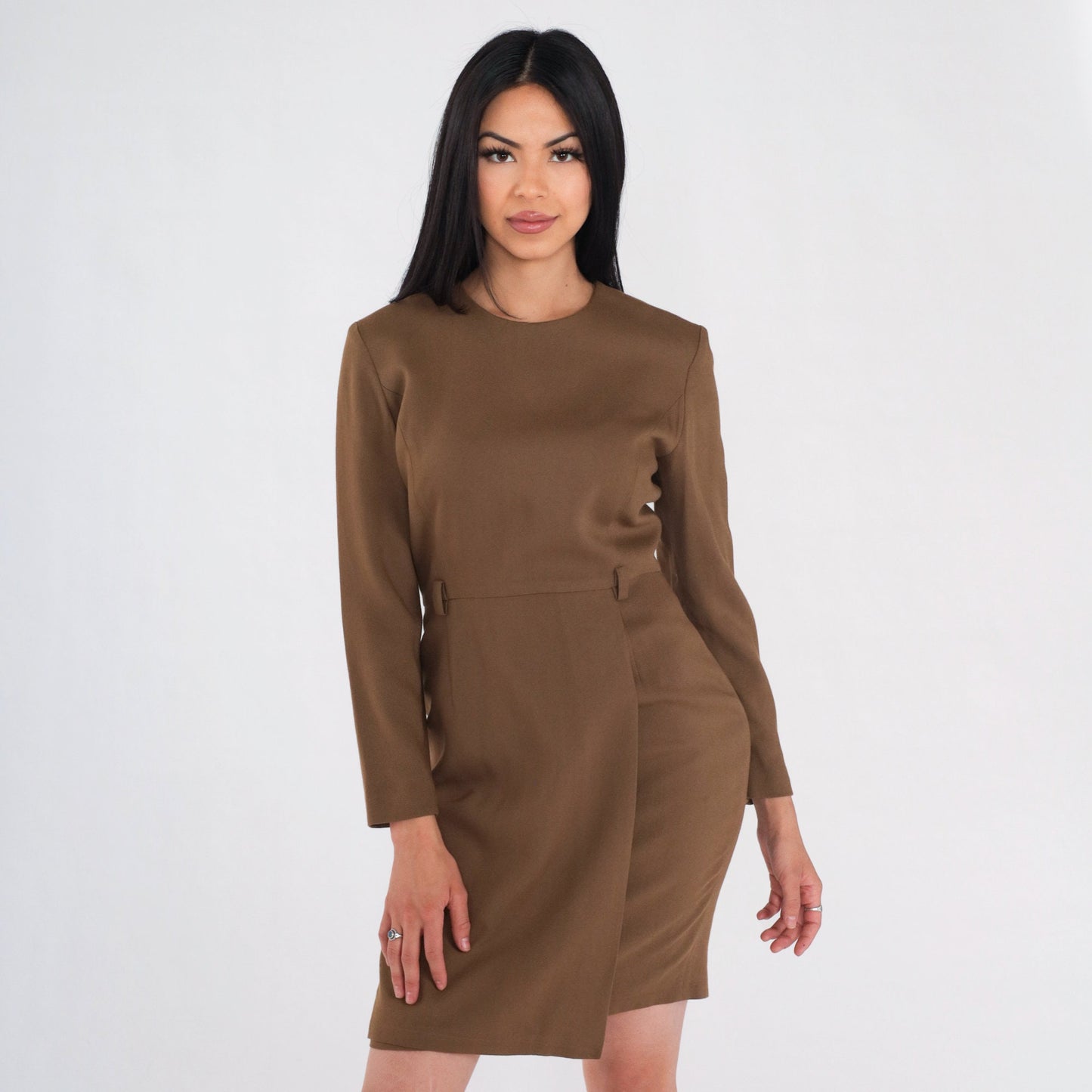 90s Petite Sophisticate Brown Wool Blend Mini Sheath Dress Long Sleeve Extra Small XS