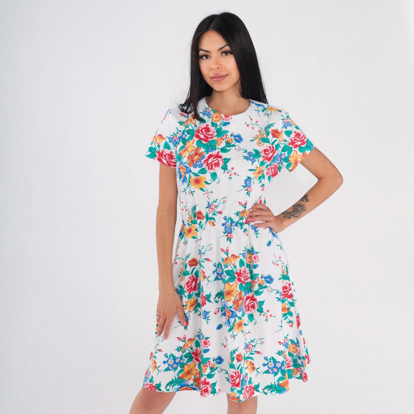 90s White Floral Rose Print Mini Dress High Waisted Short Sleeve Medium Large