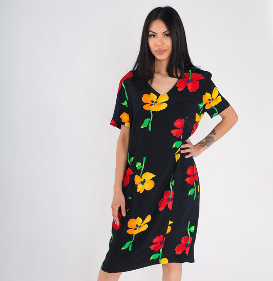 90s Black Poppy Floral Midi Dress Short Sleeve Knee Length Large