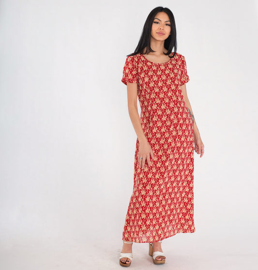 90s Red Floral Maxi Dress Short Sleeve Ankle Length Medium M