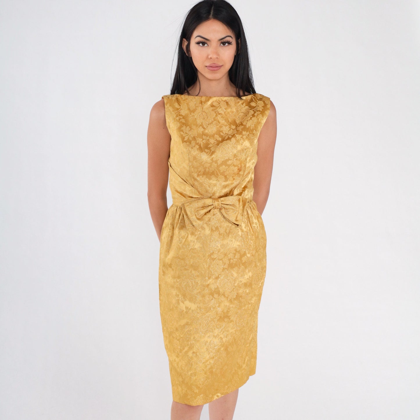 60s Gold Floral Brocade Mini Dress Sleeveless Low Back Bow High Waist Extra Small